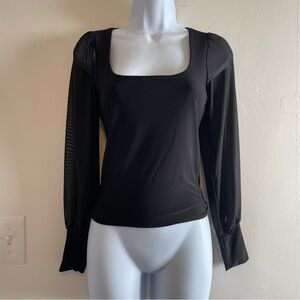 Black Square Neck Top w/ Sheer Long Sleeves | Women’s Size Small